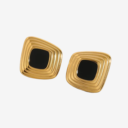 Geometric Gold Frame Black Enamel Statement Earrings