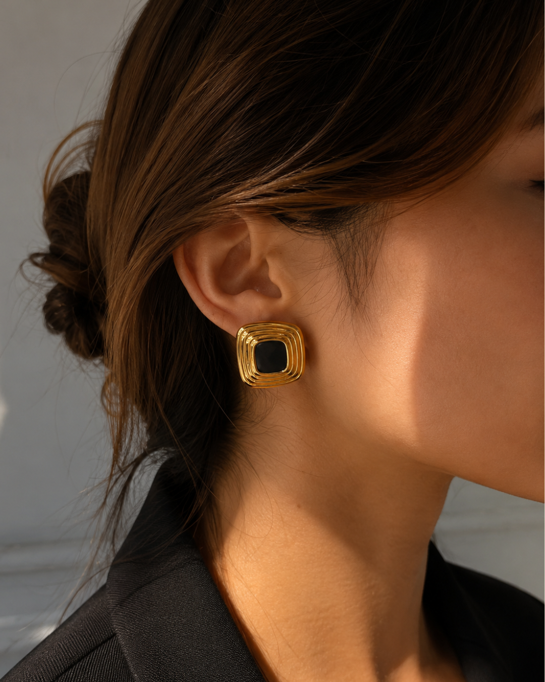 Geometric Gold Frame Black Enamel Statement Earrings